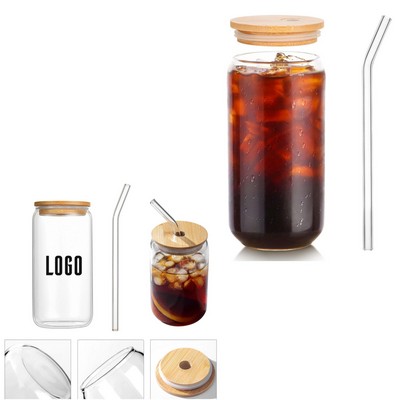 16oz Drinking Glass with Bamboo Lid and Straw