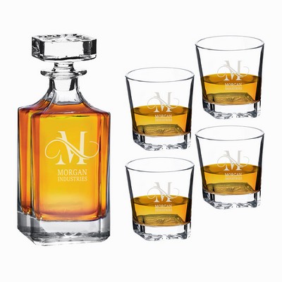 Square-Shaped Glass 750Ml Decanter Gift Set w/ Four 11 Oz. Rocks Glasses