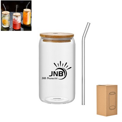 16 Oz Can Shaped Glass Cup with Bamboo Lids and Glass Straw