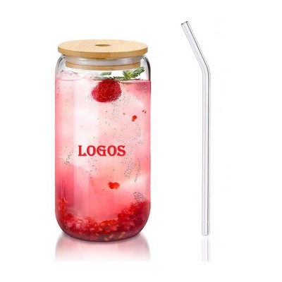 16oz Drinking Glasses With Bamboo Lid, Can Shaped Glass Cups, Tumbler Whiskey Cup, Cocktail Glasses